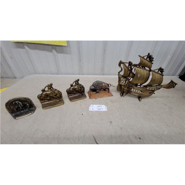Brass Sailing Ship Lamp Bronze Buffalo Sculpture, and Metal Bookends Vintage