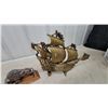 Image 2 : Brass Sailing Ship Lamp Bronze Buffalo Sculpture, and Metal Bookends Vintage