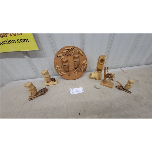 Collection of Handcrafted Wooden Owl Figurines and Decorative Wall Plaque with Foliage and More