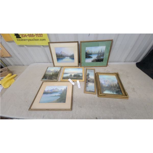 7x Framed Mountain Landscape Paintings with Lakes and Pine Trees by John Wride
