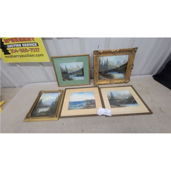 Five Framed Landscape Paintings Depicting Mountains and Forests by John Wride
