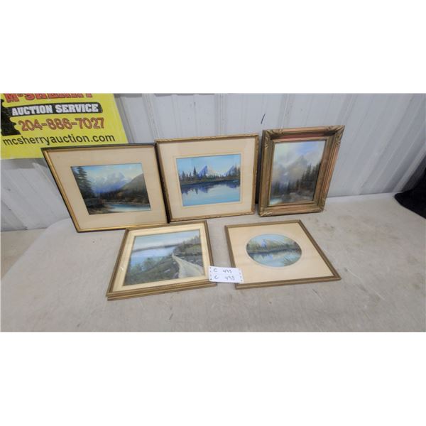 Five Framed Landscape Paintings Depicting Mountains, Water, and Trees by John Wride