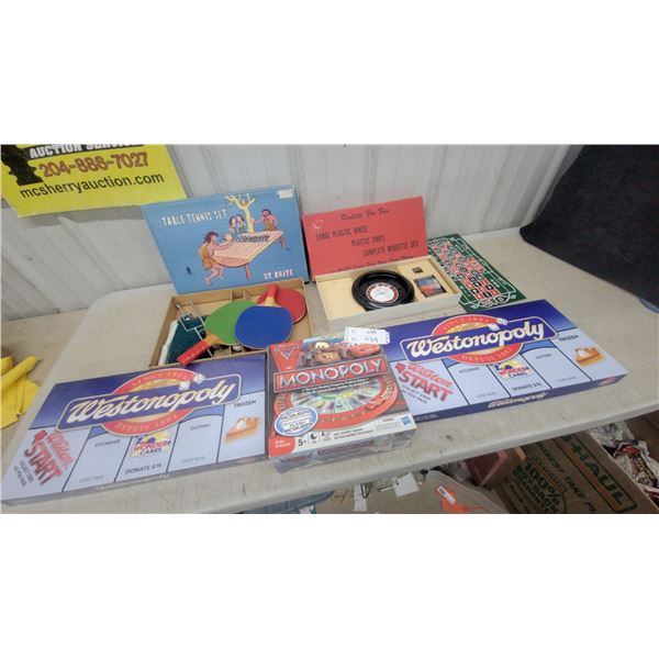 Westonopoly Board Game, Monopoly Cars Edition, Roulette Set, Table Tennis Set, and More