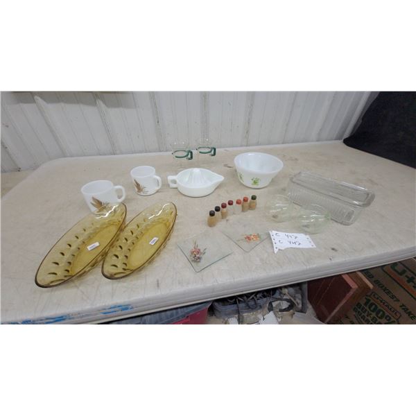 Federal Mixing Bowl, Amber Glass Dishes, Milk Glass Mugs, and More