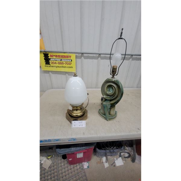 Vintage Brass and Opal Glass Table Lamp and Mid-Century Modern Ceramic Spiral Lamp