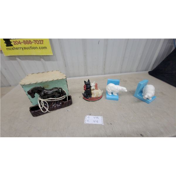Vintage Ceramic Horse TV Lamp with Shade and Dog Cast Door Stop and Porc. Polar Bear Book Ends