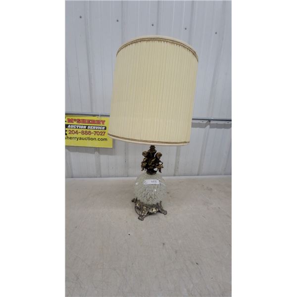 Vintage Cherub Table Lamp with Cut Glass Body and Pleated Cream Shade