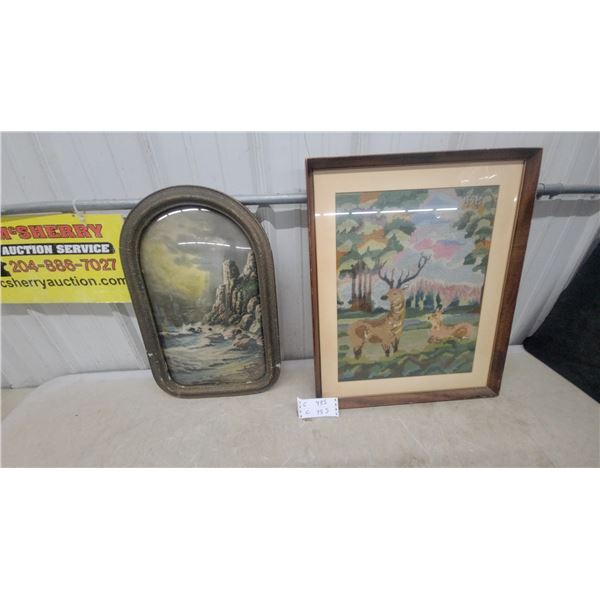 Antique Convex Glass Seascape Print in Arched Frame and Framed Needlepoint Stag 20 x 24"