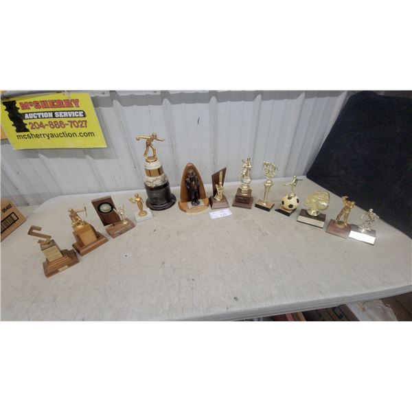 Collection of Vintage Sports Trophies Including Soccer and Bowling Awards and More