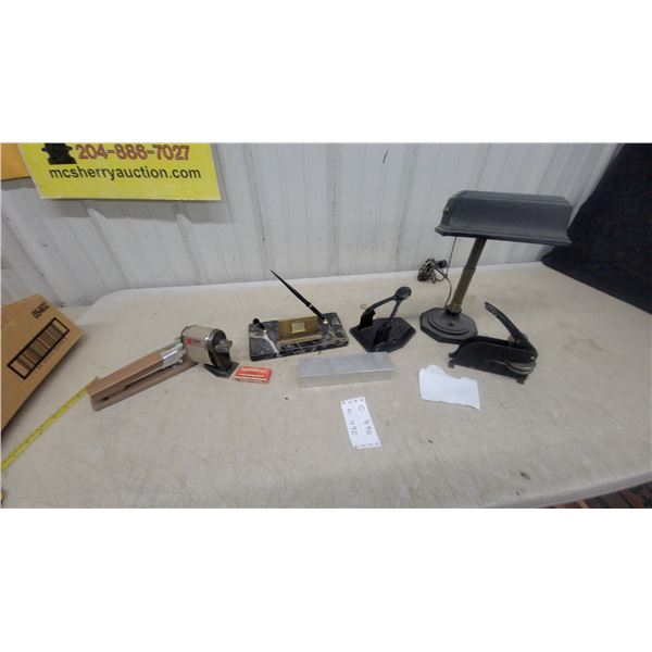 Premier Boston Desk-Mount Pencil Sharpener, Three-Hole Punch, Desk Lamp, Legal Press and More