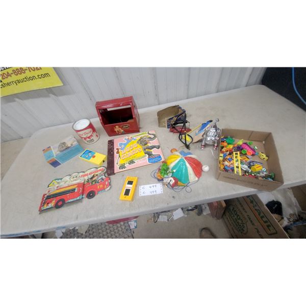 Vintage Toys Including Fire Engine Book, Bozo Circus Record, Clown Figure, and More