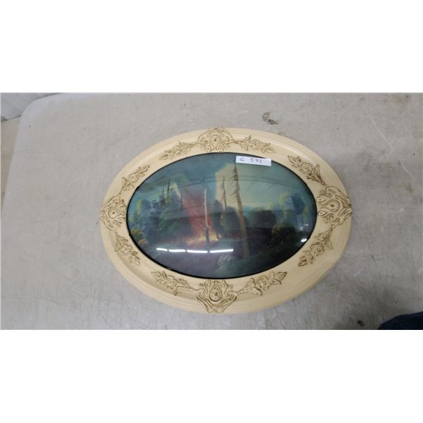 Vintage Oval Convex Bubble Glass Frame with Landscape Print, Ornate Floral Cream Frame18 x 25"