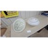 Image 1 : Vintage Flush-Mount Ceiling Light with Gold-Patterned Diffuser and White Glass Shade