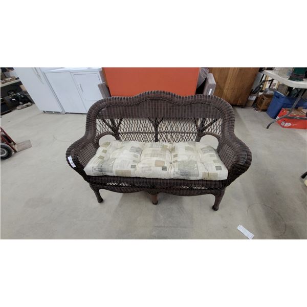 Dark Brown Wicker Settee with Geometric Pattern Cushions 52"
