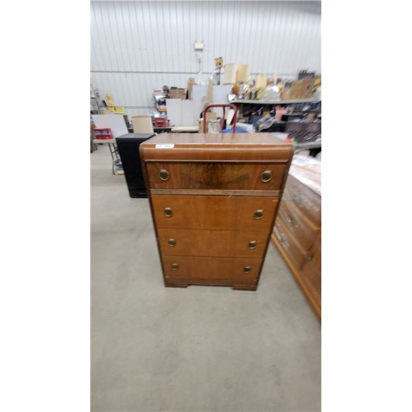 Art Deco Waterfall Highboy Chest of Drawers with Brass Ring Pulls, Circa 1930s 44 x 30 x 17"