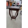Image 3 : Dark Brown Wood Square-Top Accent Table with Curved Legs and Lower Shelf 29 x 11.6"