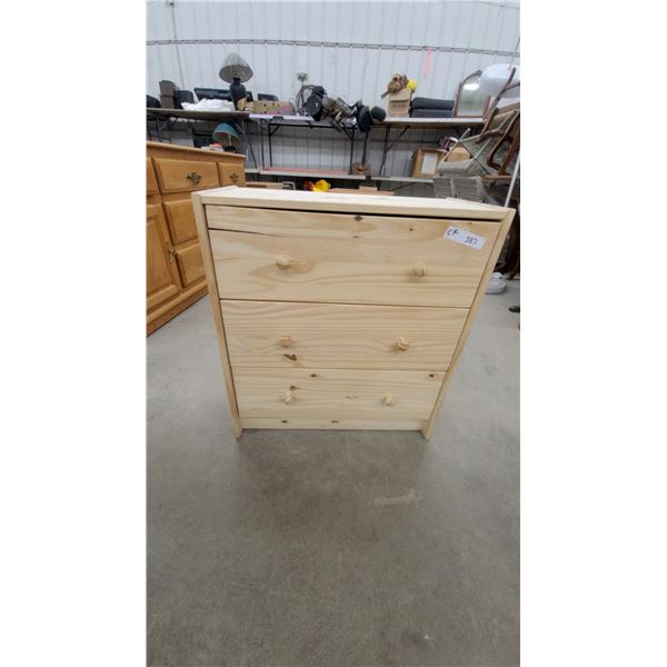 Unfinished Knotty Pine Three-Drawer Chest with Round Wooden Knobs 27 x 24 x 11.6"
