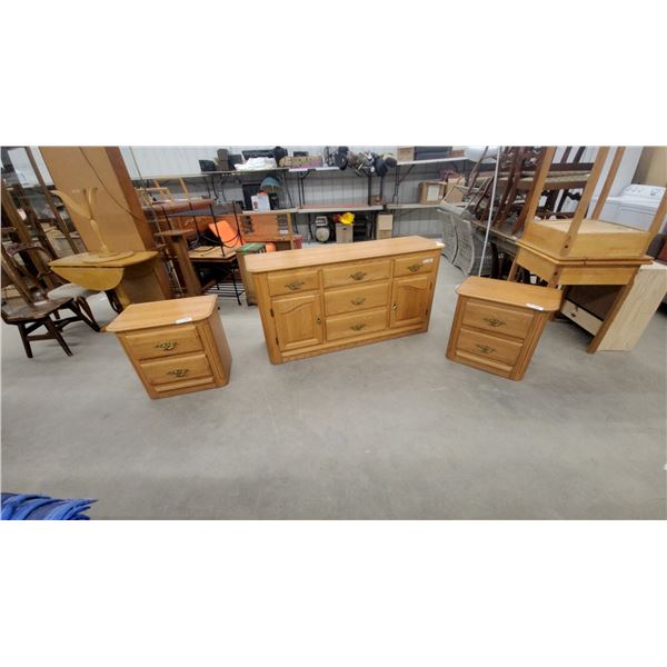 Oak Nine-Drawer Dresser with Brass Hardware 31 x 62 x 18" and Two Matching Nightstands 23 x 16 x