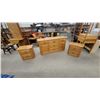 Image 1 : Oak Nine-Drawer Dresser with Brass Hardware 31 x 62 x 18" and Two Matching Nightstands 23 x 16 x