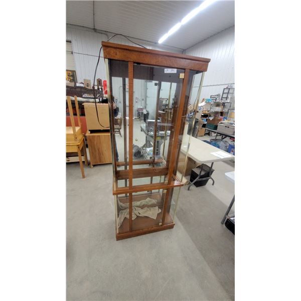 Lighted Wood and Glass Curio Display Cabinet with Mirrored Back and Glass Shelves 72 x 28 x 12" One