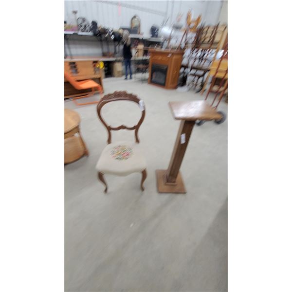 Victorian Style Carved Open-Back Side Chair with Needlepoint Seat and Stand 36 x 10 x 11"