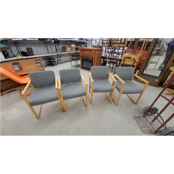 Set of Four Modern Armchairs with Light Wood Frames and Gray Fabric Upholstery