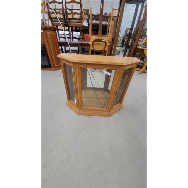 Light Oak Hexagonal Glass Display Cabinet with Mirrored Back and Brass Hardware 29 x 36 x 12"