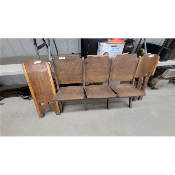 Vintage Wooden Auditorium Theater Seats, Connected Bank of Three with End Panel