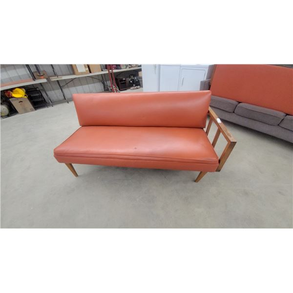Mid-Century Modern Loveseat with Exposed Wood Frame and Terra Cotta Vinyl Upholstery 66" Wide