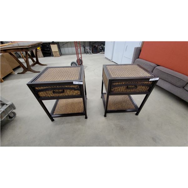 Pair of Woven Rattan End Tables with Single Drawer and Lower Shelf, Dark Wood Frame 24 x 20"×"18"