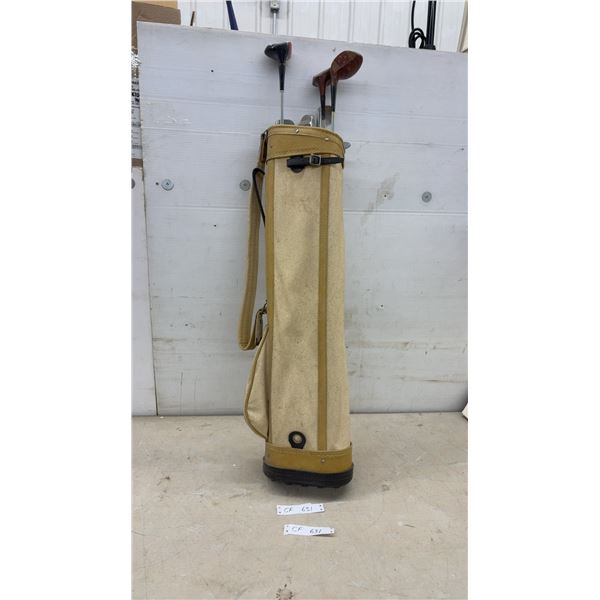 Vintage Canvas and Leather Golf Bag with Spalding and Wilson Woods and Irons