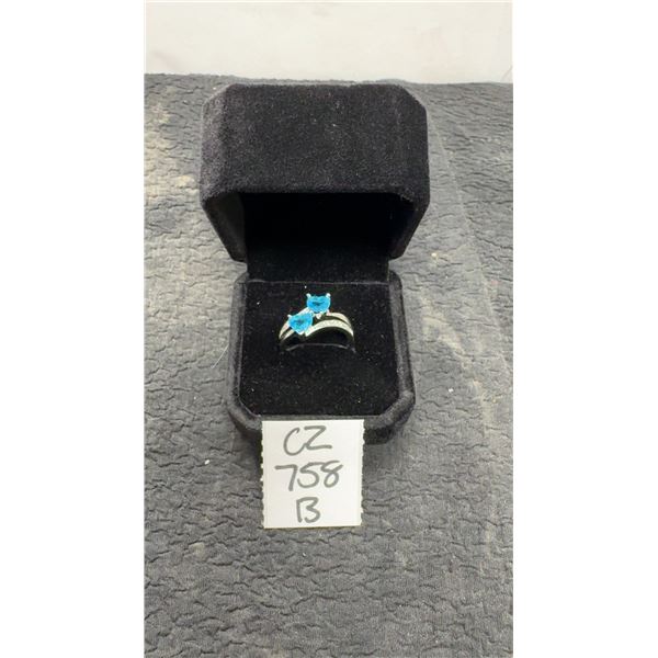Platinum Plated 1.0 Carat Each Heart Cut Blue Simulated Diamond Cubic Zirconia Ring Size 7