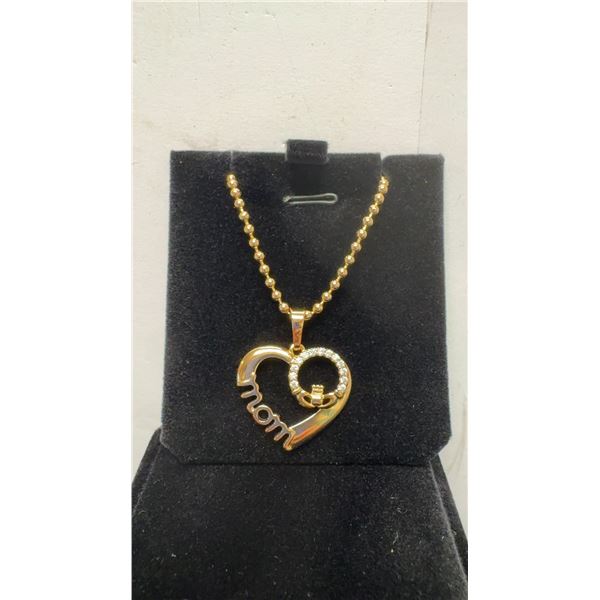 18K Gold Plated 29mm Simulated Diamond Cubic Zirconia Mom Heart Necklace, 17" Chain