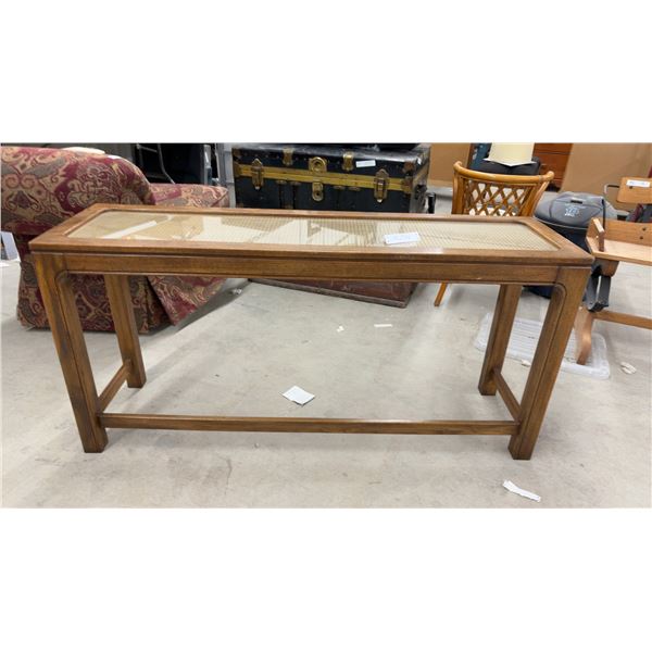 Mid-Century Chinoiserie Style Sofa Table with Cane and Glass Top Insert, 27 x 16 x 56"
