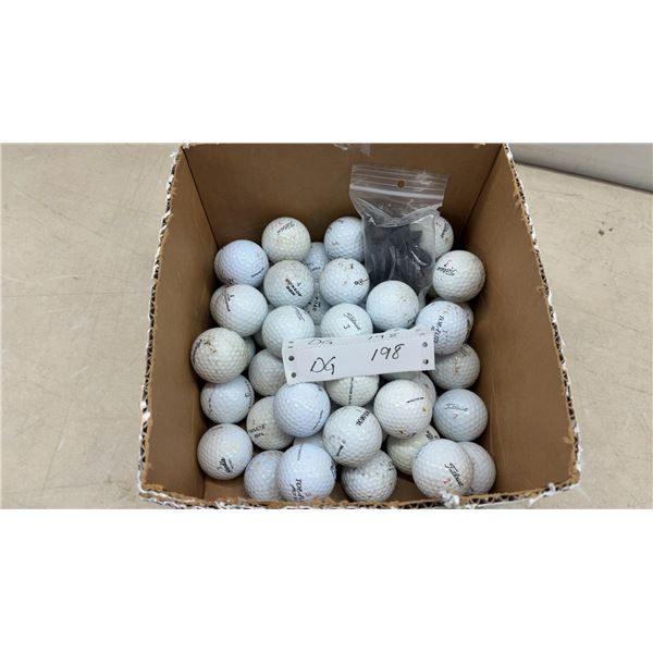 Box of 50 Assorted Golf Balls Including Titleist, Top-Flite, Callaway, and Energizer Tees