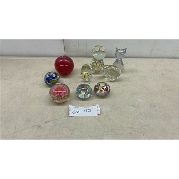 Collection of Art Glass Paperweights with Floral Designs and Clear Glass Figurines