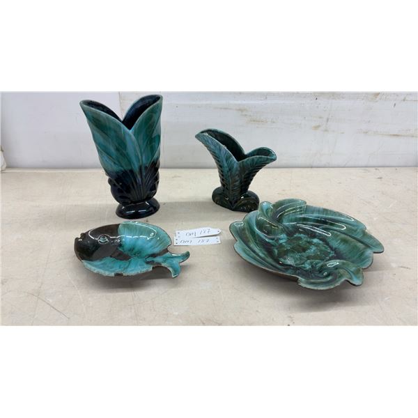 Blue Mountain Pottery Drip Glaze Leaf Vases and Fish and Leaf Dishes, Four Pieces, Tallest 11"