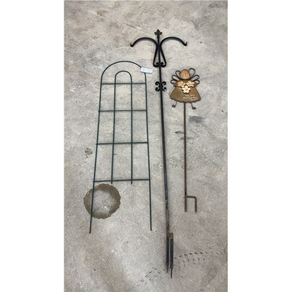 Green Metal Arched Garden Trellis, Shepherd's Hook Stake 85", and Decorative Stake
