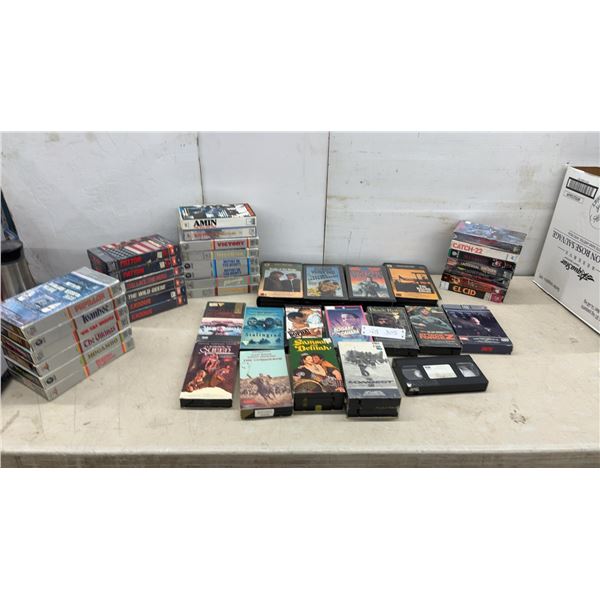 Collection of 46 War VHS Movies: Patton, Catch-22, The Mission, El Cid, and 2-Sided Schwarzenegger