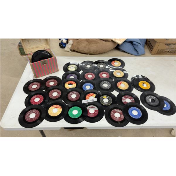 Collection of Vintage 45 RPM Vinyl Records, The Beatles, Ray Price, and Carry Case