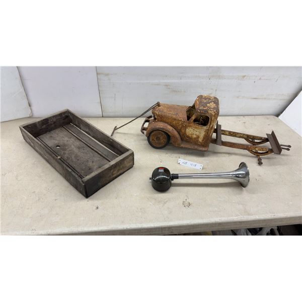 Vintage Pressed Steel Toy Truck Chassis, Wooden Tray and More