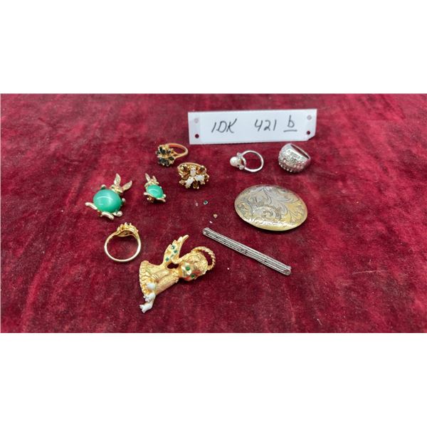 Vintage Gold-Tone Rabbit Brooches with Green Cabochons, Costume Rings, Sterling Brooch and More