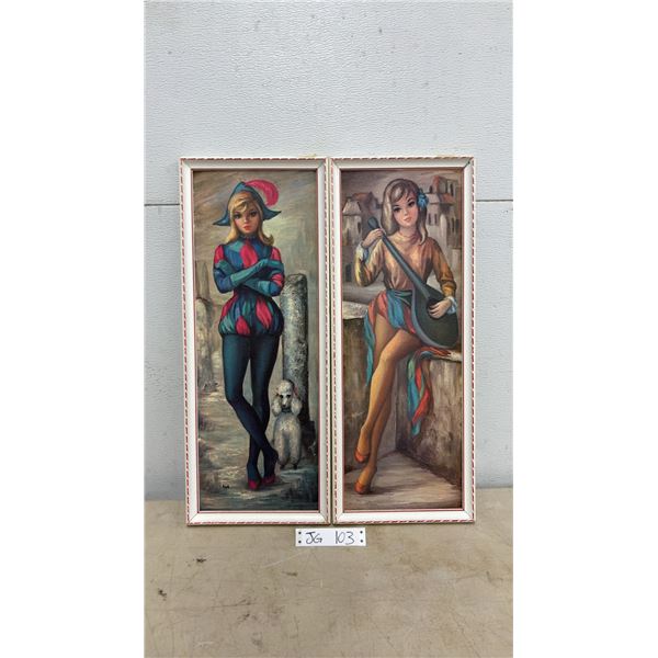 2 Vintage Maid Harleguin Girls with Original Frames, Measuring 9 x 23"