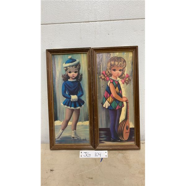 2 Vintage Framed Picture of a Skater and Harelquin Girl by Eden 7.25 x 16.25