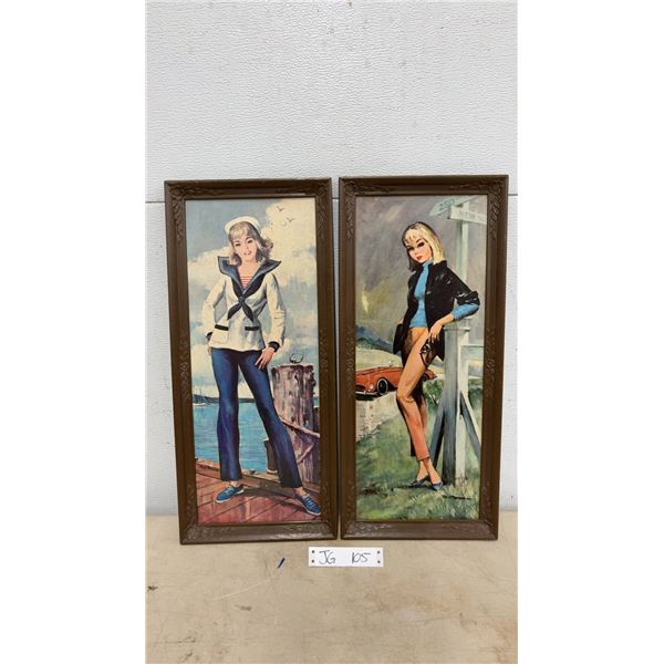 2 Vintage Rico Tomaso Pictures with Original Nu-Dell Plastic Frames. Sailor Boy & Girl Waiting, 9.5