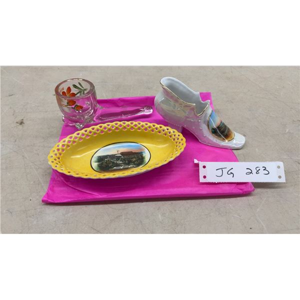 Three Vintage Winnipeg Beach Souvenir Pieces: Dance Pavilion Dish, Glass, and Shoe