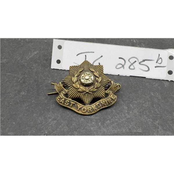 East Yorkshire Regiment British Army Cap Badge, Brass with Silver Rose