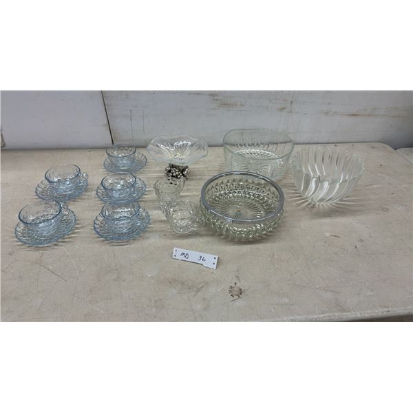 Anchor Hocking Bubble Pattern Light Blue Glass Teacups and Saucers Set of 5, Serving Bowls, Cream