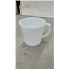 Image 10 : 3 Federal Glass White Milk Glass Mixing Bowls, 4 Iridescent Mugs, Cup with Saucer