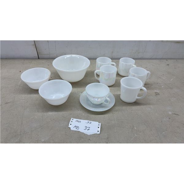 3 Federal Glass White Milk Glass Mixing Bowls, 4 Iridescent Mugs, Cup with Saucer
